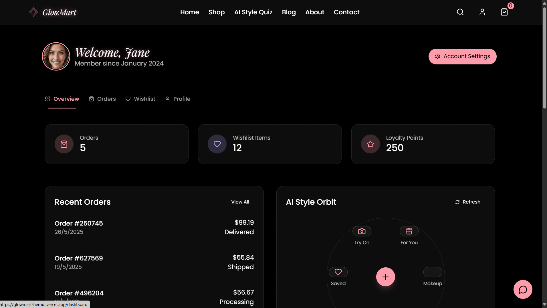 Account with orders, wishlist, loyalty, and an AI 'Style Orbit'.