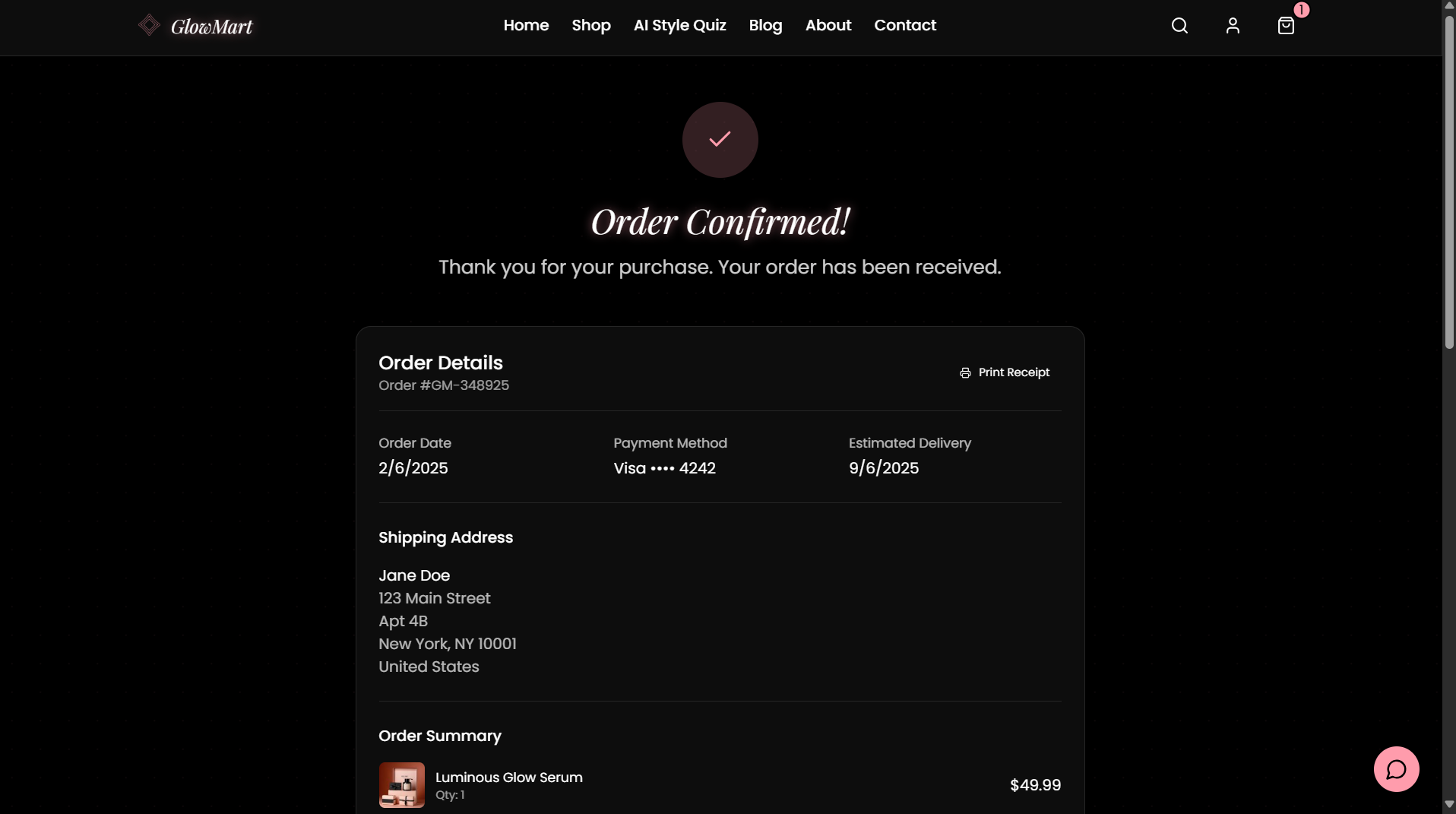 Full checkout through to order confirmation.