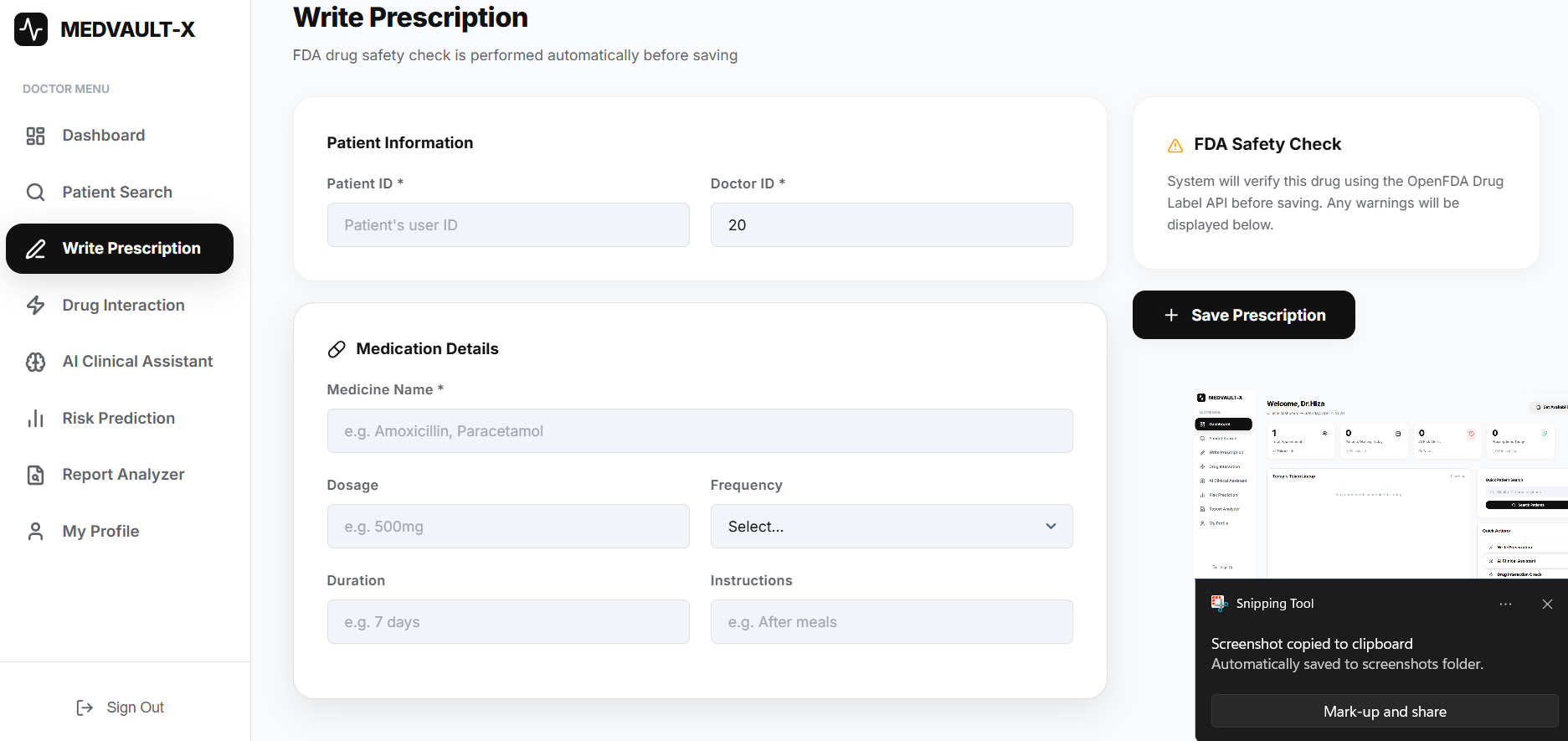 Prescriptions run a live FDA drug-safety check (OpenFDA) before they save.