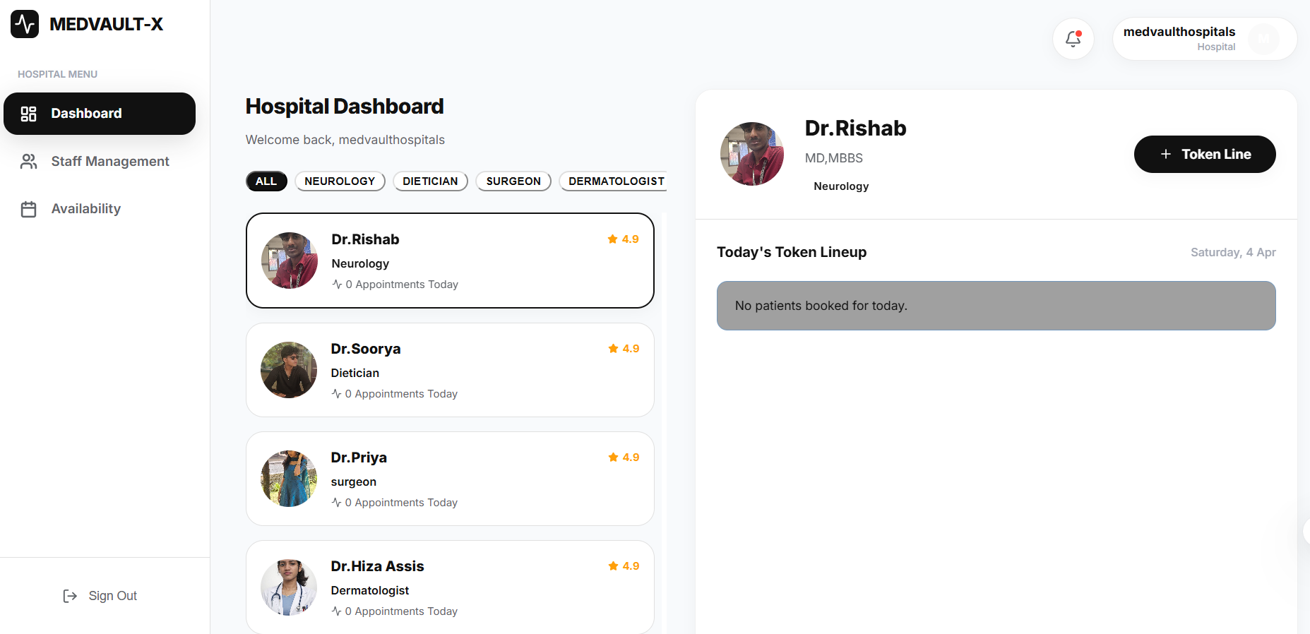 Hospital portal: staff, doctor roster, ratings, and daily token lines.