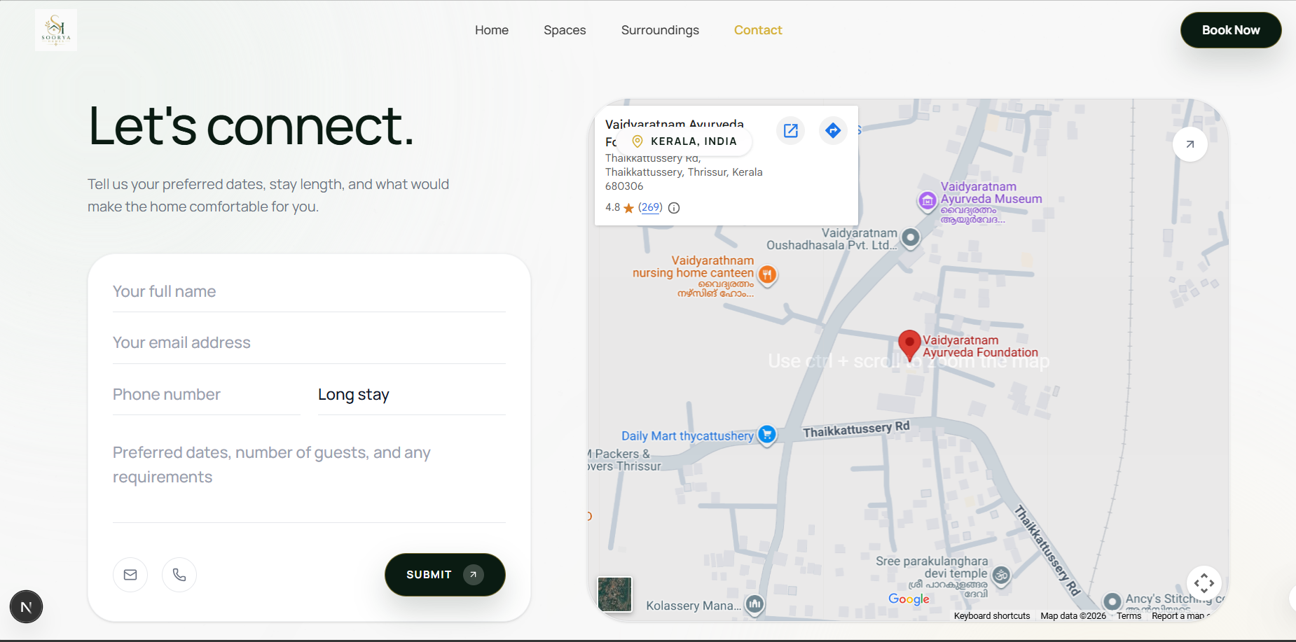 Contact: a Formspree enquiry form with stay-type selection.
