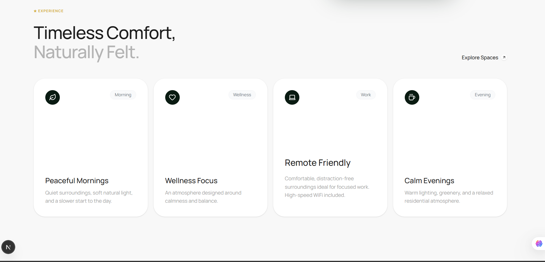 Experience: peaceful mornings, wellness, remote-friendly, and calm evenings.
