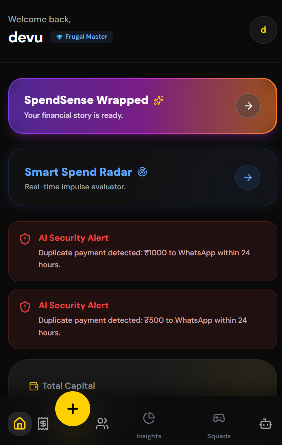 Home: Spending Wrapped, Smart Spend Radar, and AI security alerts.