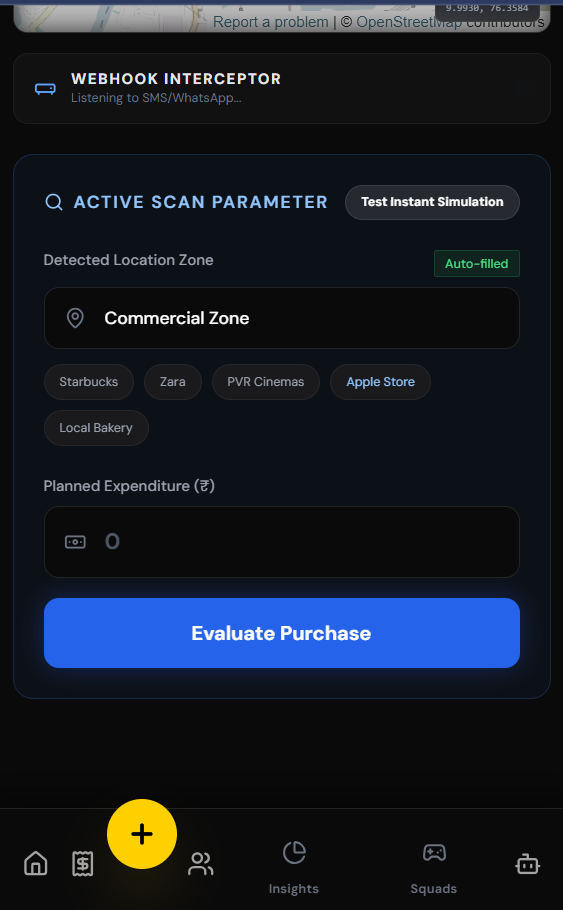 A webhook listens to SMS/WhatsApp; the radar scores impulse buys by location.