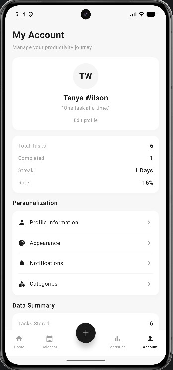 Account: profile, streak, appearance, notifications, and categories.