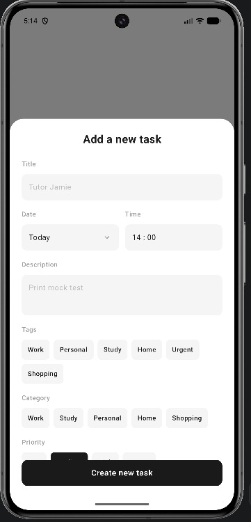Add a task: title, date and time, tags, category, and priority in a modal sheet.