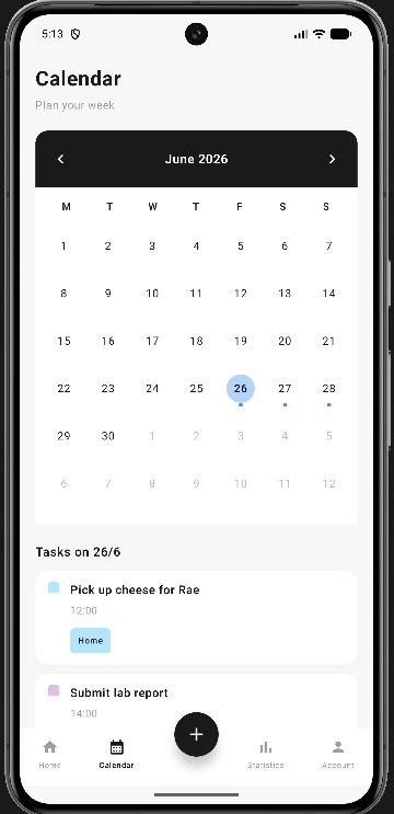 Calendar: a month grid with tasks mapped to each day.