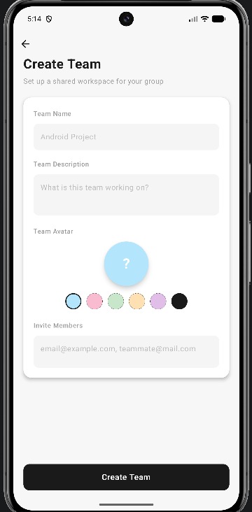 Create a team: name, description, avatar, and member invites.
