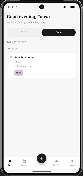 Completed view: tick tasks off and see what's done.